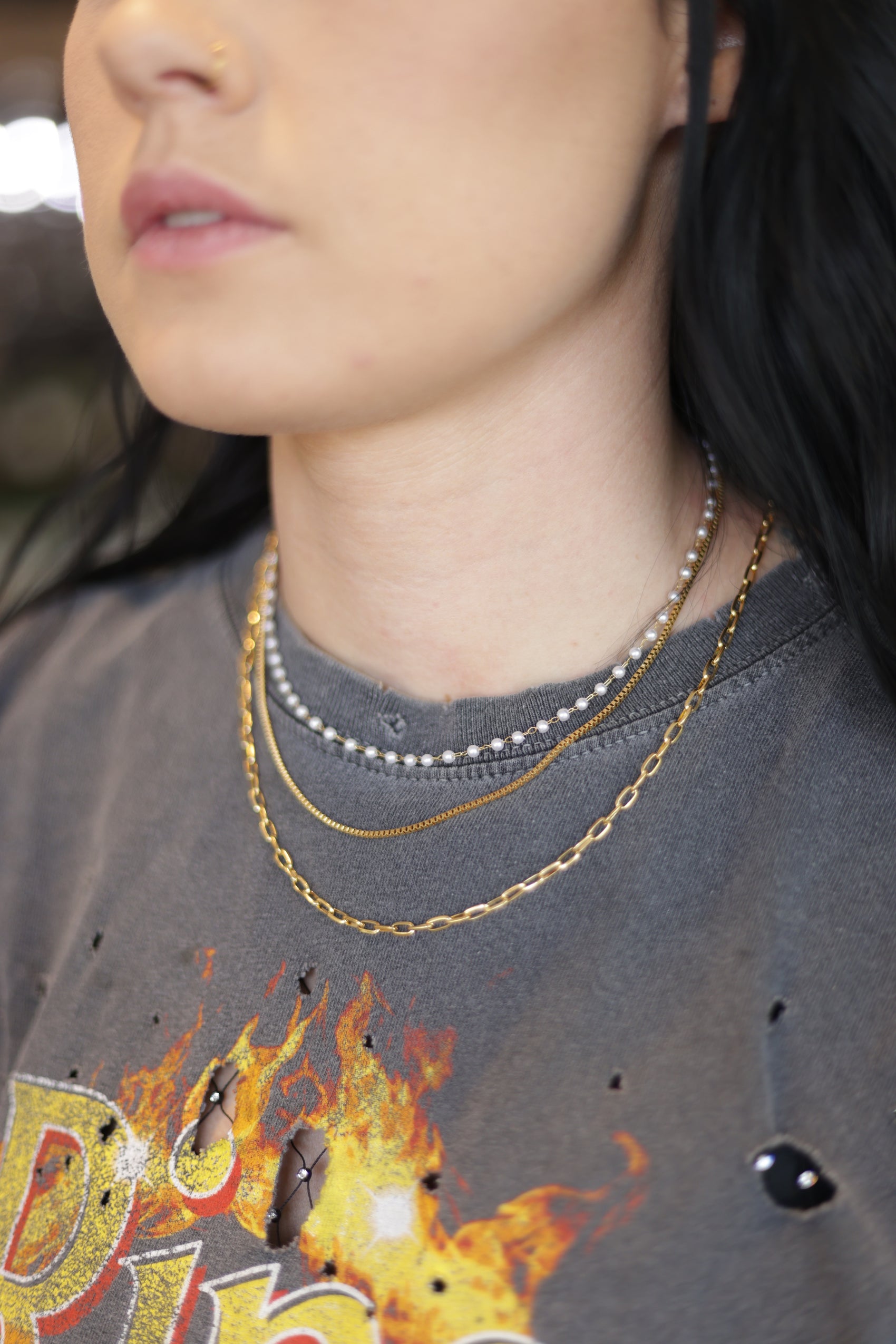 Liliana Stacked Pearl chain Necklace - 18k gold, non-tarnish