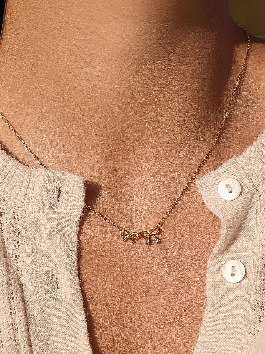Arin 18K Gold Non-Tarnish CZ Bow Pendant Necklace