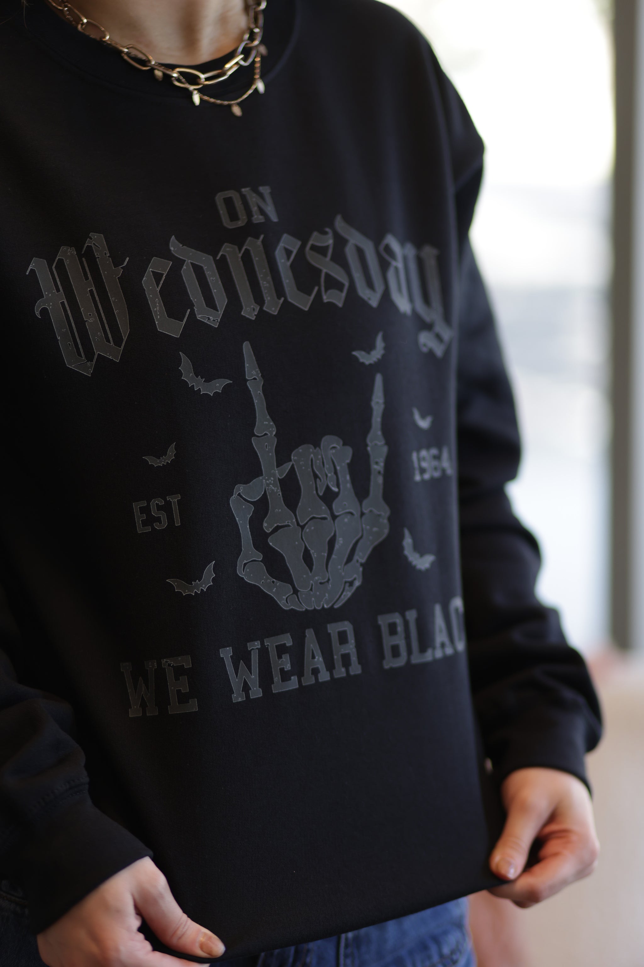 On Wednesdays We Wear Black Crewneck – Salon Two Zero Nine Inc.