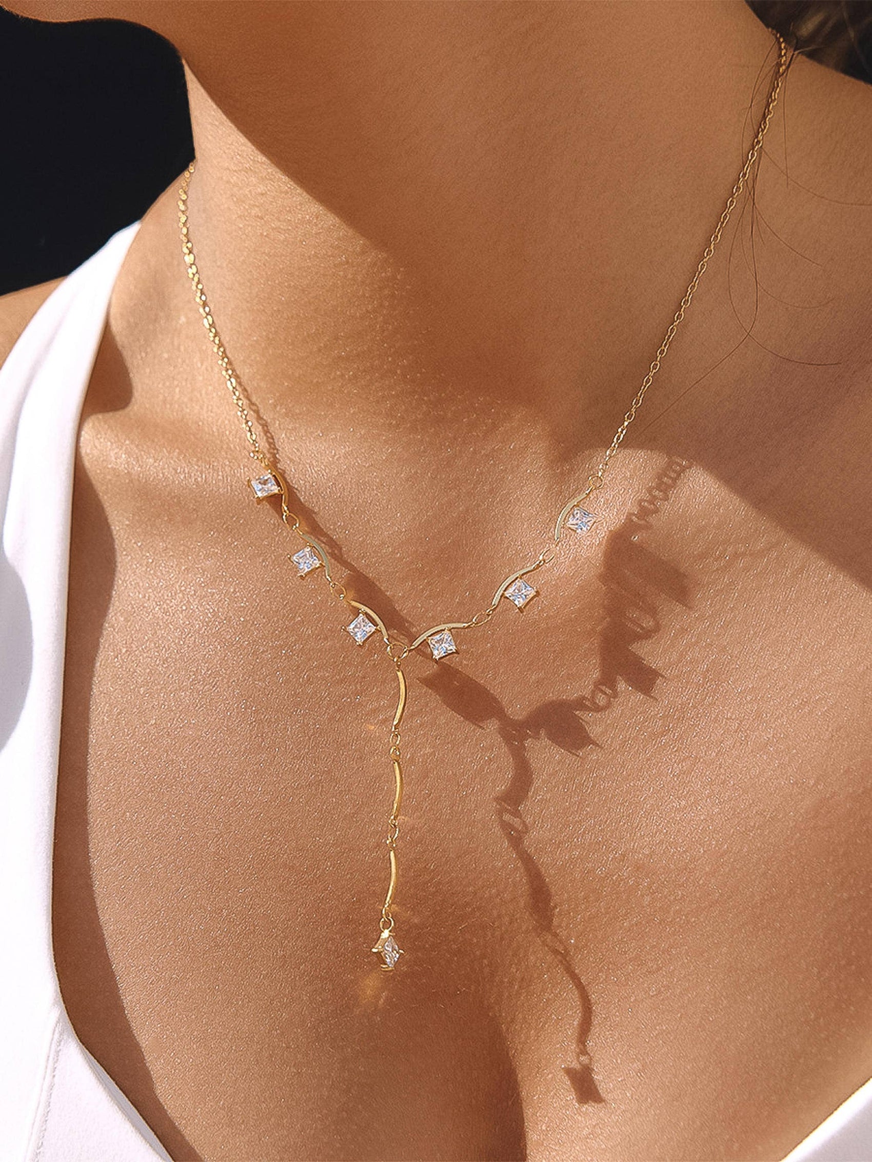 Yonder 18K Gold Non-Tarnish CZ Y Drop Necklace