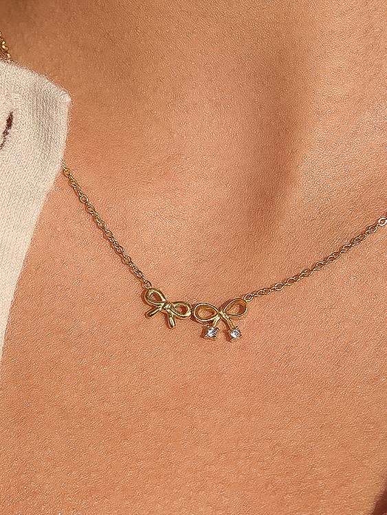 Arin 18K Gold Non-Tarnish CZ Bow Pendant Necklace
