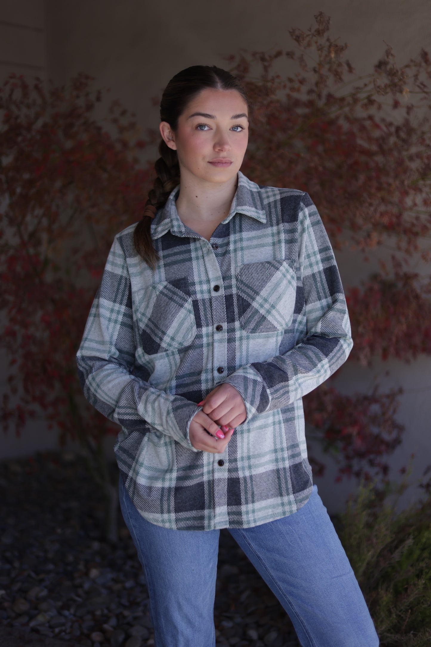 Rachel Plaid Button Up - Charcoal & Green