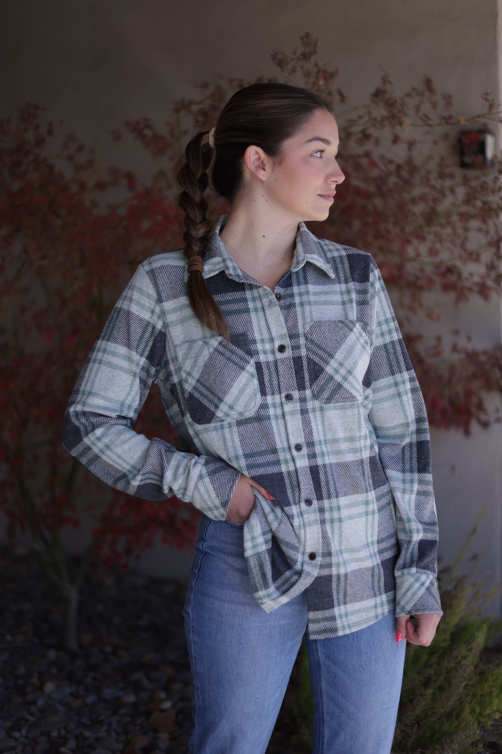 Rachel Plaid Button Up - Charcoal & Green