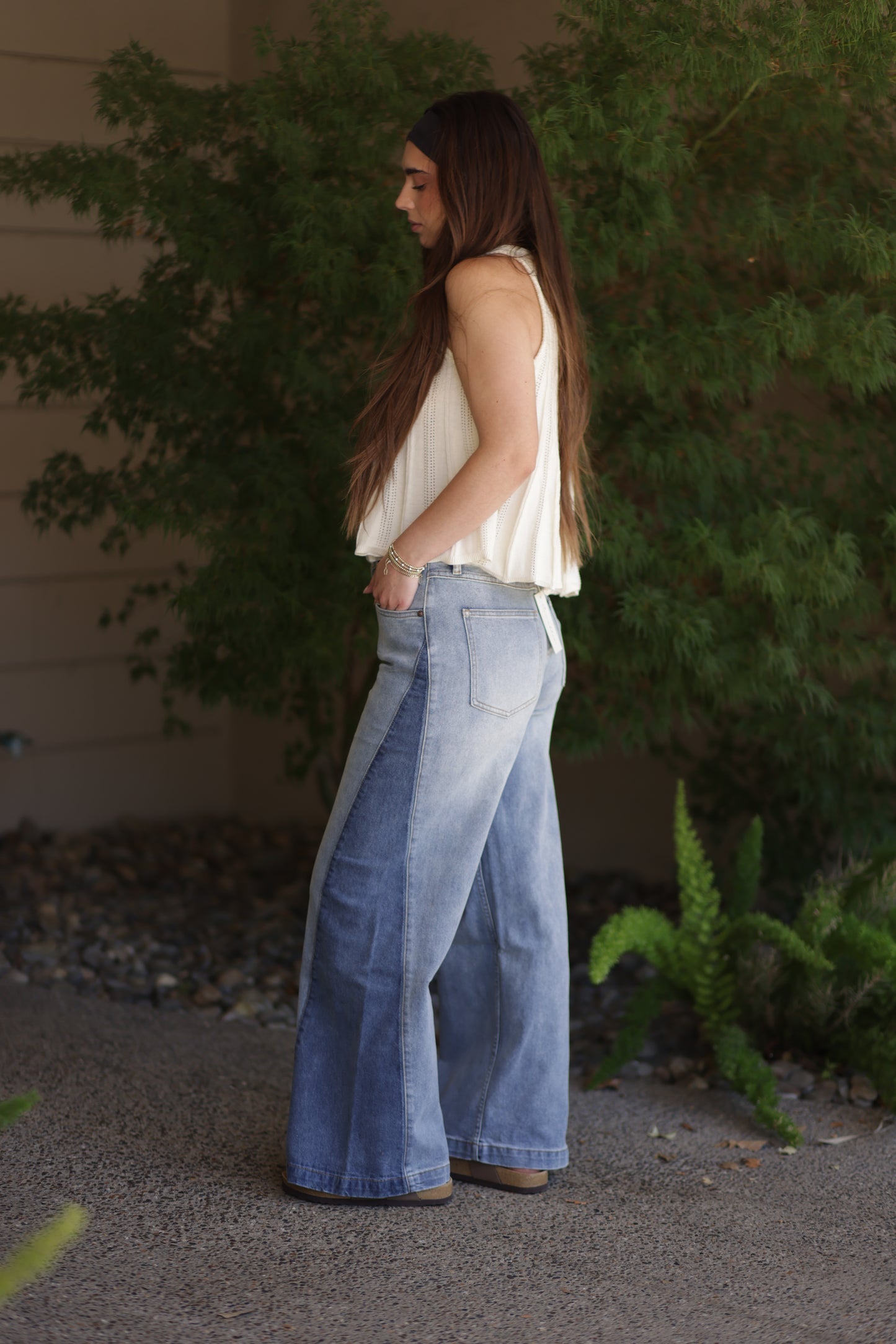 Ryaan Wide-Leg Two-Tone High Waist Denim Jeans
