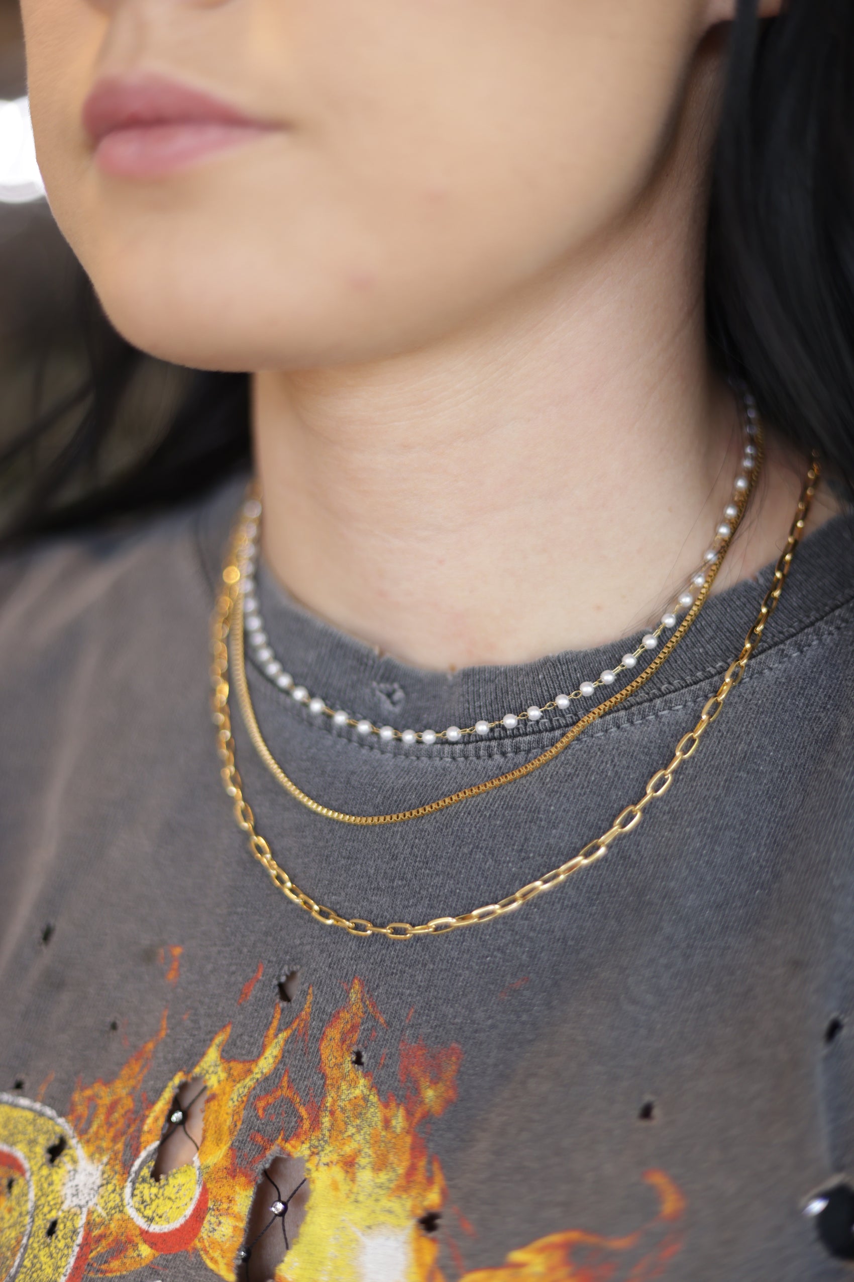 Liliana Stacked Pearl chain Necklace - 18k gold, non-tarnish