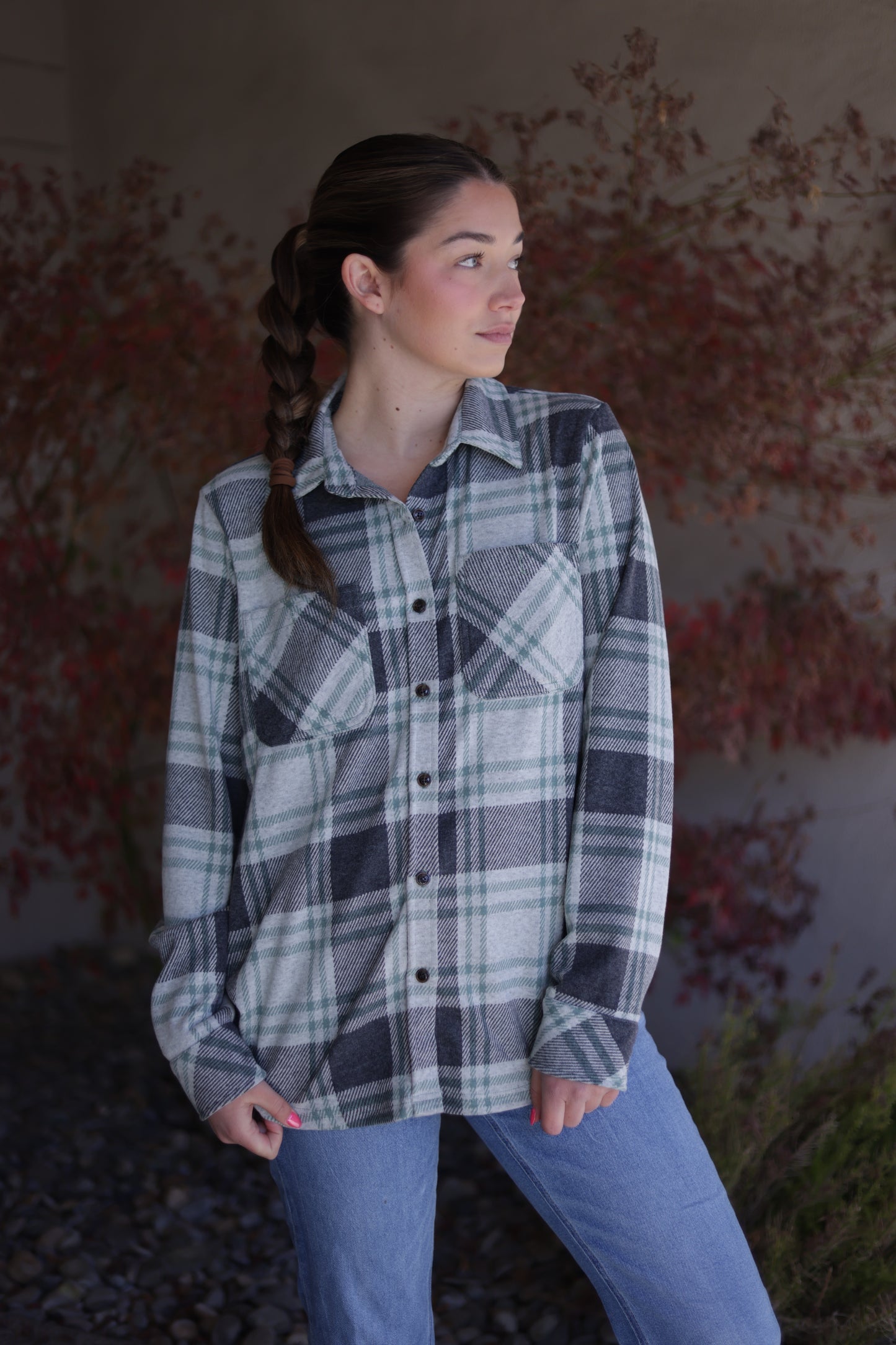 Rachel Plaid Button Up - Charcoal & Green
