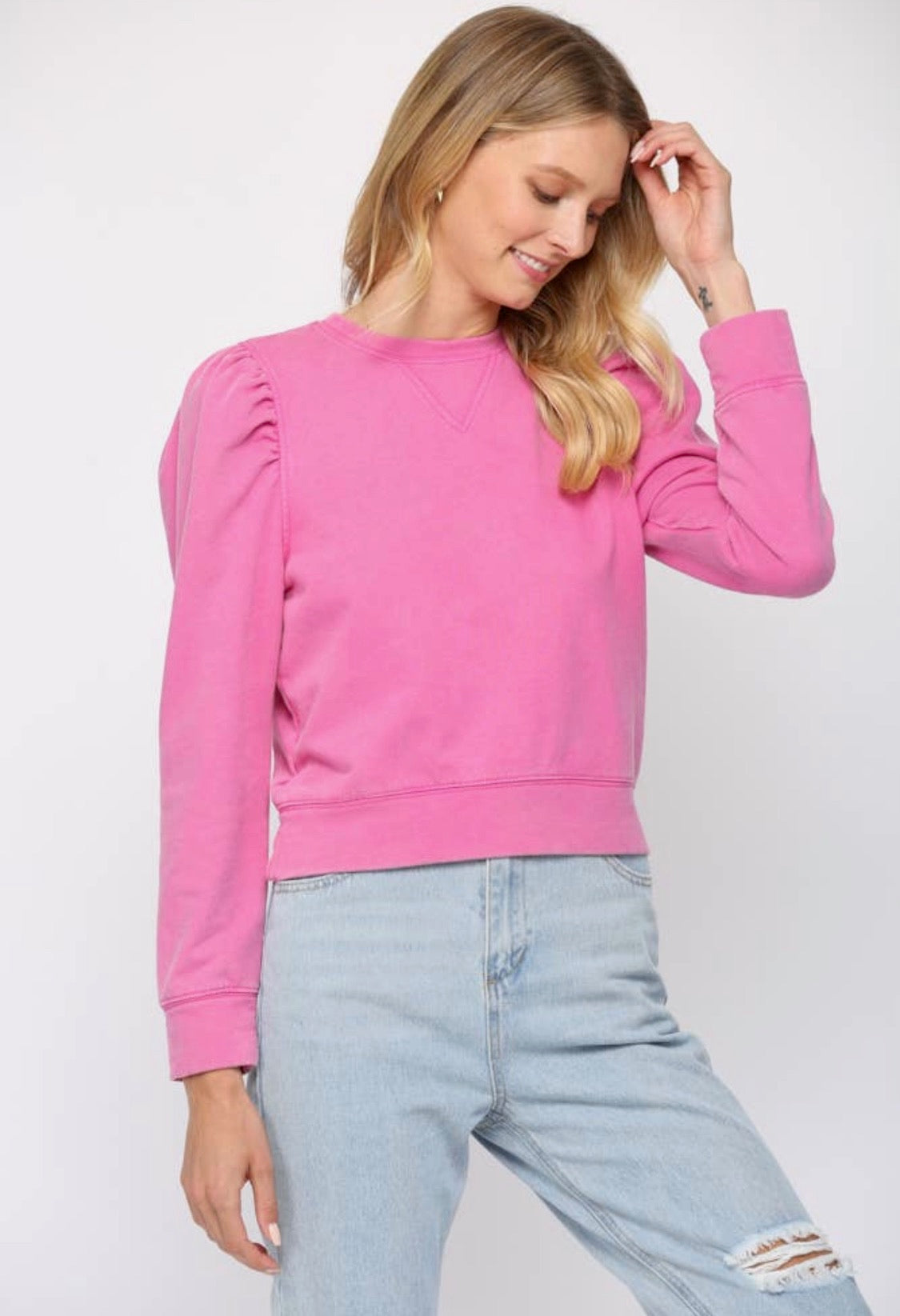Lexie Washed Long Puff Sleeve- Pink